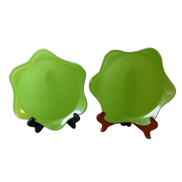 Set of 2 Annieglass Green Starburst Plates 1993 Designer Art Glass
